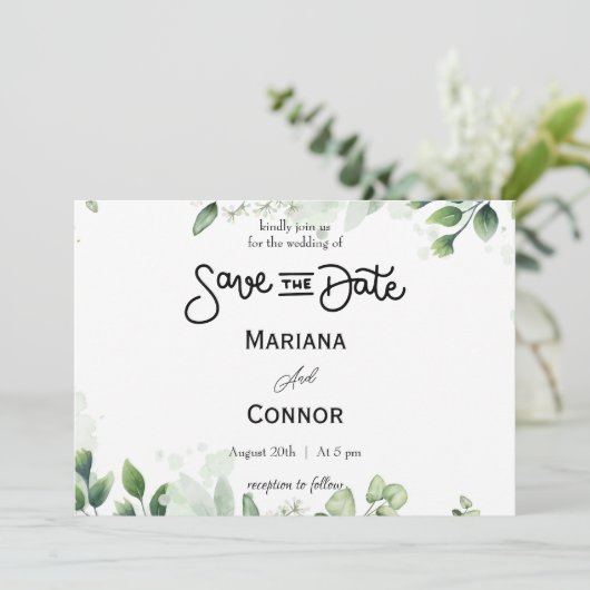 Greenery Minimal Save the Date Uitnodiging (Staand voorkant)