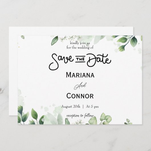 Greenery Minimal Save the Date Uitnodiging (Voorkant / Achterkant)