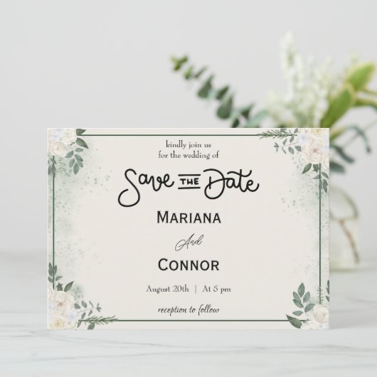 Greenery Minimal Save the Date Uitnodiging (Staand voorkant)