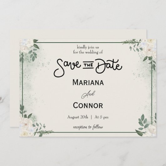 Greenery Minimal Save the Date Uitnodiging (Voorkant / Achterkant)