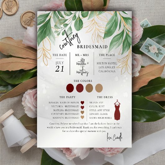 Greenery Minimal Text Script Bridesmaid info Card