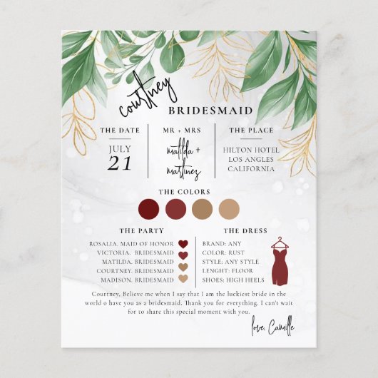 Greenery Minimal Text Script Bridesmaid info Card (Voorkant)
