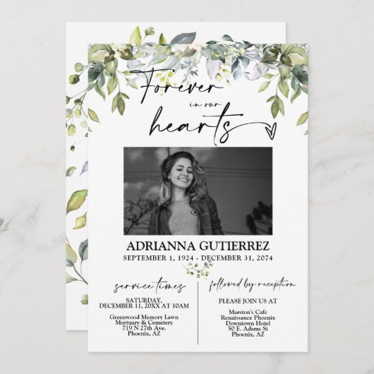 Greenery Minimalist Script Photo Funeral Memorial Kaart (Voorkant / Achterkant)