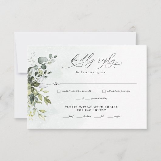 Greenery Minimalist Script Wedding RSVP Reply Kaar (Voorkant)