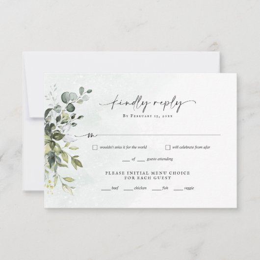 Greenery Minimalist Script Wedding RSVP Reply Kaar (Voorkant)