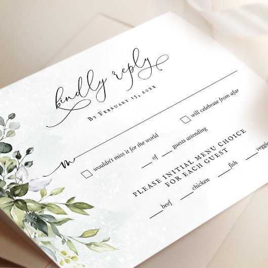 Greenery Minimalist Script Wedding RSVP Reply Kaar