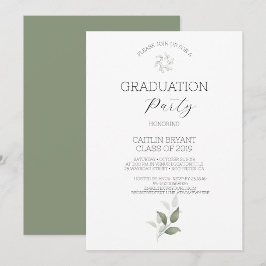 Greenery Modern Afstuderen Invitation Kaart (Voorkant / Achterkant)