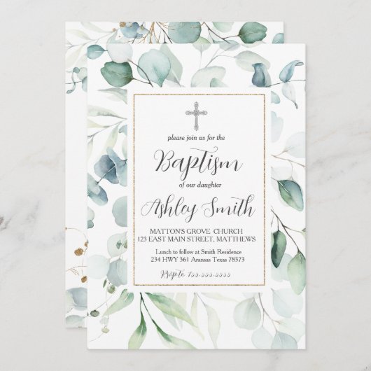 Greenery Modern Baptism Invitation Kaart (Voorkant / Achterkant)