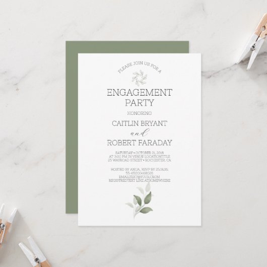 Greenery Modern Engagement Party Invitation Kaart (Voorkant / Achterkant in situ)