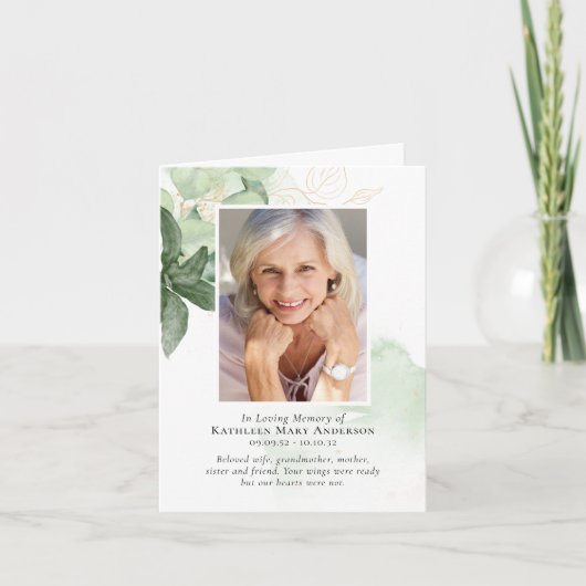 Greenery Modern Foto Funeral Sympathie vouwde Bedankkaart (Voorkant)