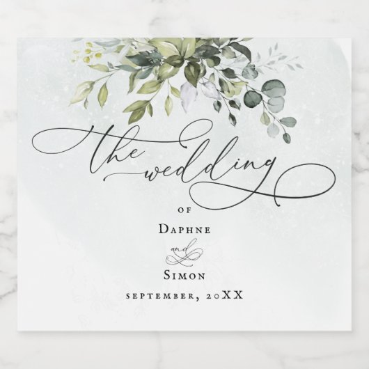 Greenery Modern Minimalist Script Wedding Sparkling Wijnetiket (Enkel label)