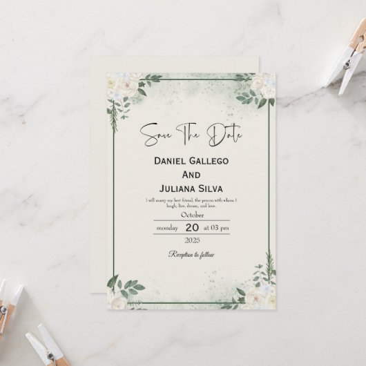 Greenery Modern Save The Date Invitation Kaart (Voorkant / Achterkant in situ)