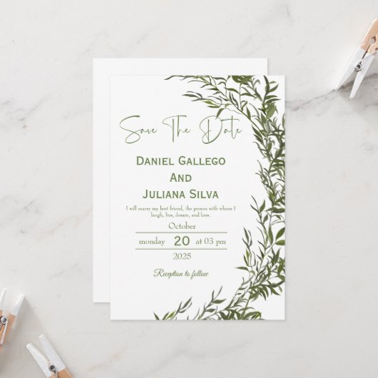 Greenery Modern Save The Date Invitation Kaart (Voorkant / Achterkant in situ)