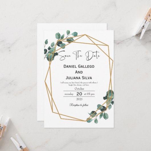 Greenery Modern Save the Date Uitnodiging (Voorkant / Achterkant in situ)