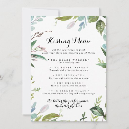 Greenery Modern Wedding Kissing Menu Game Kaart (Voorkant)