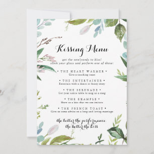Greenery Modern Wedding Kissing Menu Game Kaart