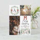 Greenery Monogram Crest Bow Vrolijke Kerstfoto Feestdagenkaart (Staand voorkant)