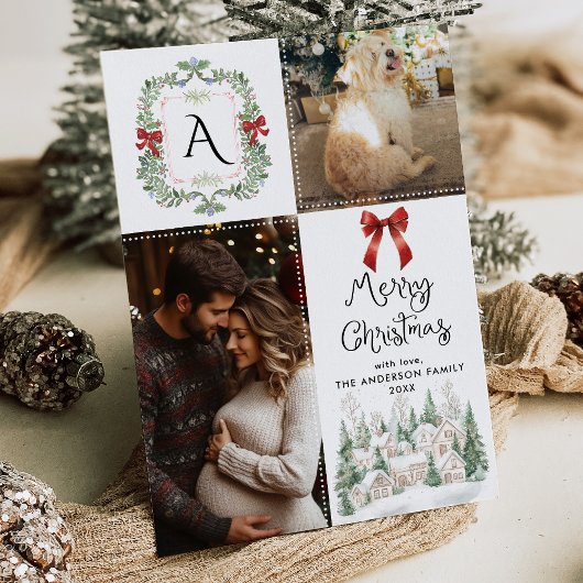 Greenery Monogram Crest Bow Vrolijke Kerstfoto Feestdagenkaart