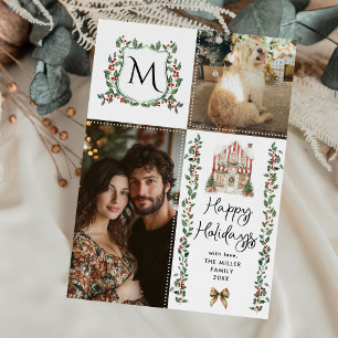 Greenery Monogram Crest Merry Christmas 2 Foto Feestdagenkaart