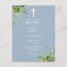 Greenery Monogram Doop Dusty Blue Uitnodiging