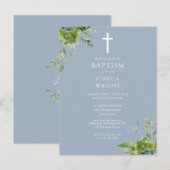 Greenery Monogram Doop Dusty Blue Uitnodiging (Voorkant / Achterkant)