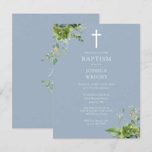 Greenery Monogram Doop Dusty Blue Uitnodiging (Voorkant / Achterkant)