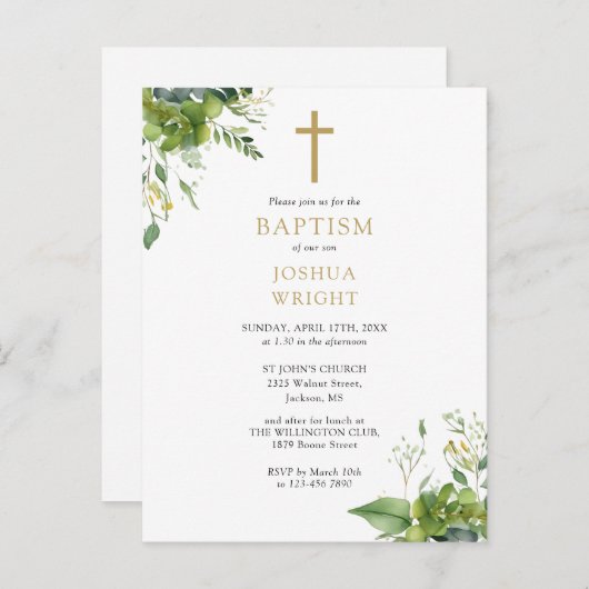 Greenery Monogram Doopsel Uitnodiging (Voorkant / Achterkant)