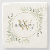 Greenery Monogram Elegant Script Stenen Onderzetter (Voorkant)