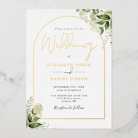 Greenery Monogram Elegant Script Wedding Gold Arch Folie Uitnodiging (Voorkant)