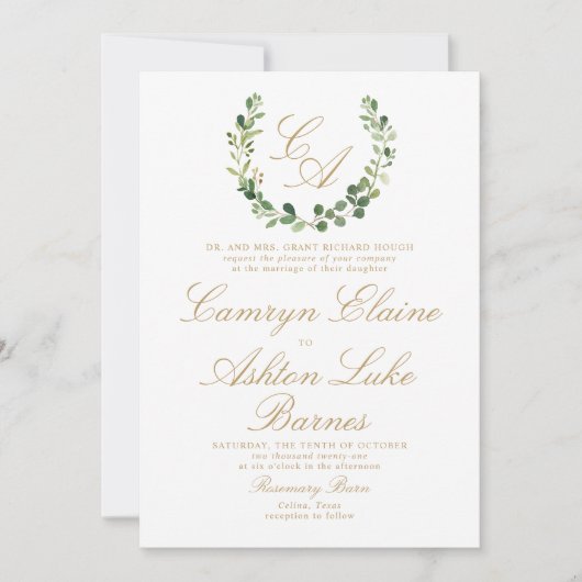 Greenery Monogram Huwelijksuitnodiging Kaart (Voorkant)