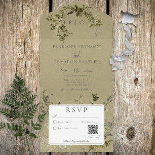  Greenery Monogram QR Code All In One Uitnodiging
