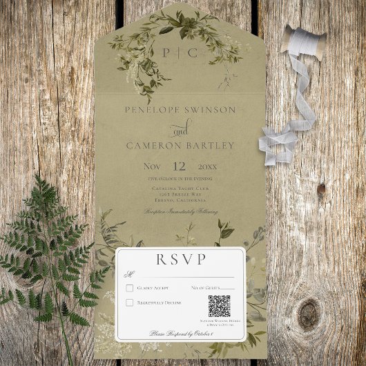 Greenery Monogram QR Code All In One Uitnodiging
