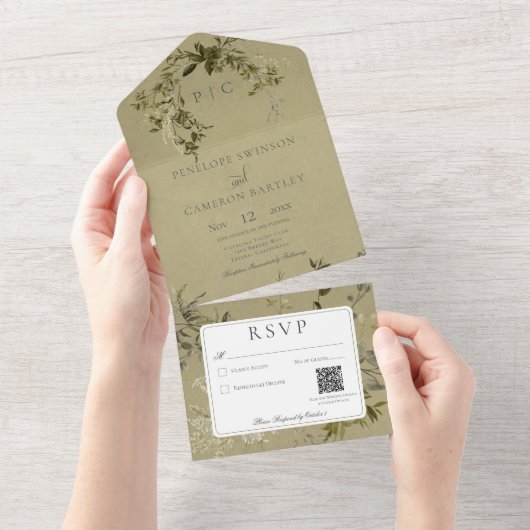 Greenery Monogram QR Code All In One Uitnodiging (Afscheurbaar)