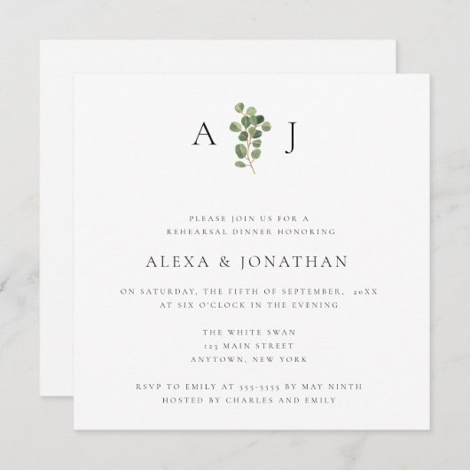 Greenery Monogram Rehearsal Dinner Invitation Kaart (Voorkant / Achterkant)