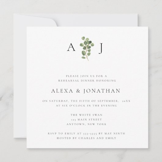 Greenery Monogram Rehearsal Dinner Invitation Kaart (Voorkant)