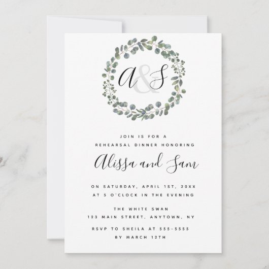 Greenery Monogram Rehearsal Dinner Invitations Kaart (Voorkant)