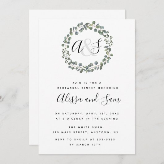 Greenery Monogram Rehearsal Dinner Invitations Kaart (Voorkant / Achterkant)