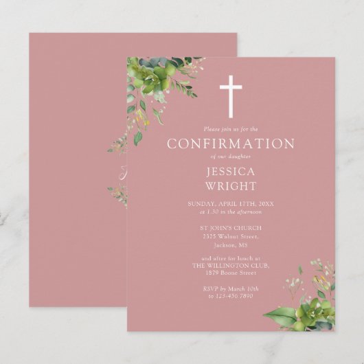 Greenery Monogram Roze Bevestiging Uitnodiging (Voorkant / Achterkant)