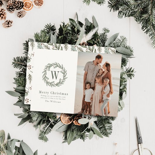 Greenery Monogram Wijze Waterverf Kerstfoto Feestdagenkaart