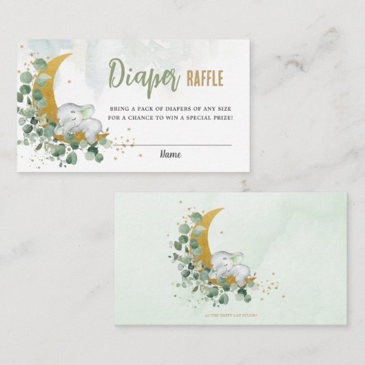 Greenery Moon Cute Elephant Neutral Diaper Raffle Informatiekaartje (Voorkant / Achterkant)