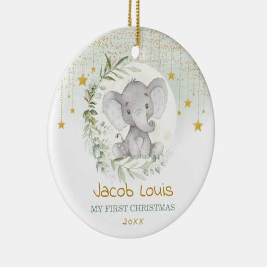 Greenery Moon & Star Elephant Baby 1e Kerstmis Keramisch Ornament (Rechts)