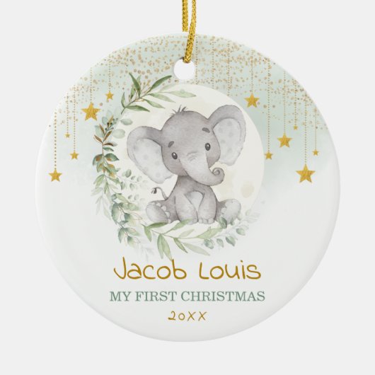 Greenery Moon & Star Elephant Baby 1e Kerstmis Keramisch Ornament (Voorkant)