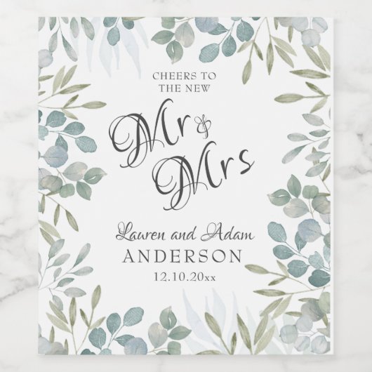 Greenery Mr & Mrs Script Waterverf Wijn Etiket (Enkel label)