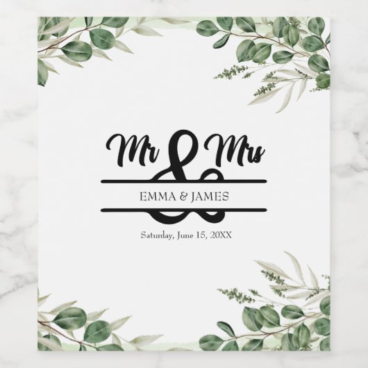 Greenery Mr & Mrs Wedding Wine Label Wijn Etiket (Enkel label)