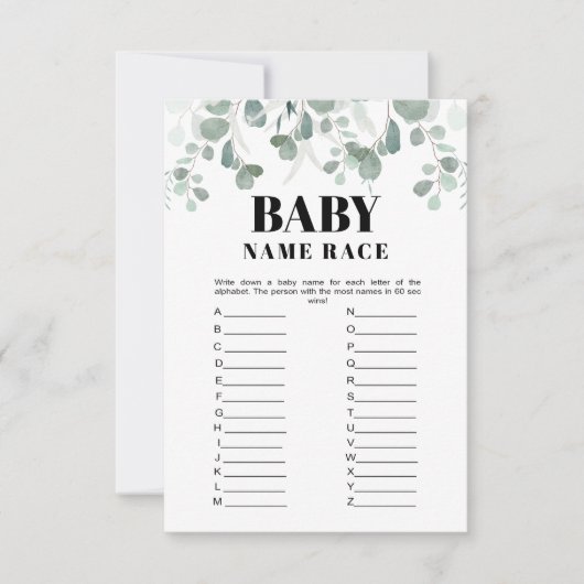 Greenery Naam Race Printable Baby shower Game Kaart (Voorkant)