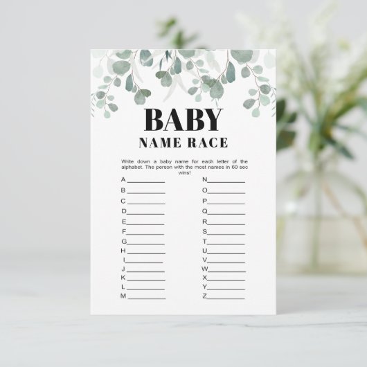 Greenery Naam Race Printable Baby shower Game Kaart (Staand voorkant)