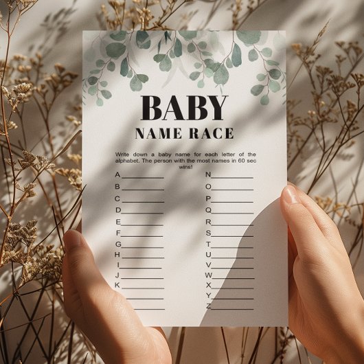 Greenery Naam Race Printable Baby shower Game Kaart