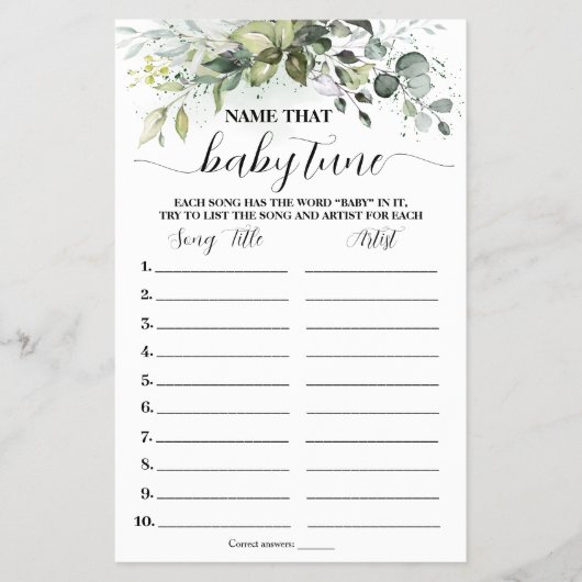 Greenery Name Baby Tune Baby shower Game Kaart (Voorkant)