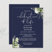 Greenery Navy Blue Celebration of Life Memorial Aankondigingskaart (Voorkant / Achterkant)