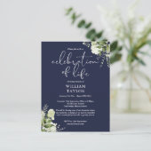 Greenery Navy Blue Celebration of Life Memorial Aankondigingskaart (Staand voorkant)